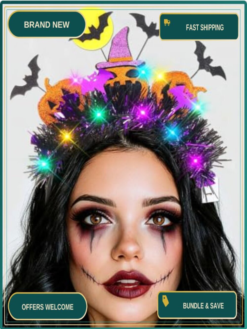 Light Up Halloween Pumpkin Headband Gothic Bat Witch Hat Costume Hair Accessory